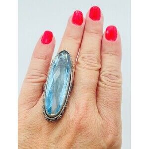 Beautiful Unique Artisan Made Antique Aqua Glass Sterling Silver Ring, Size 6.75
